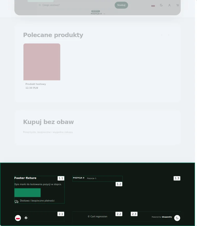 Sekce zápatí — Zápatí tvoří sekce, sloupce a prvky. Sekce jsou pod sebou; sloupce obsahují prvky a mohou se zalamovat.