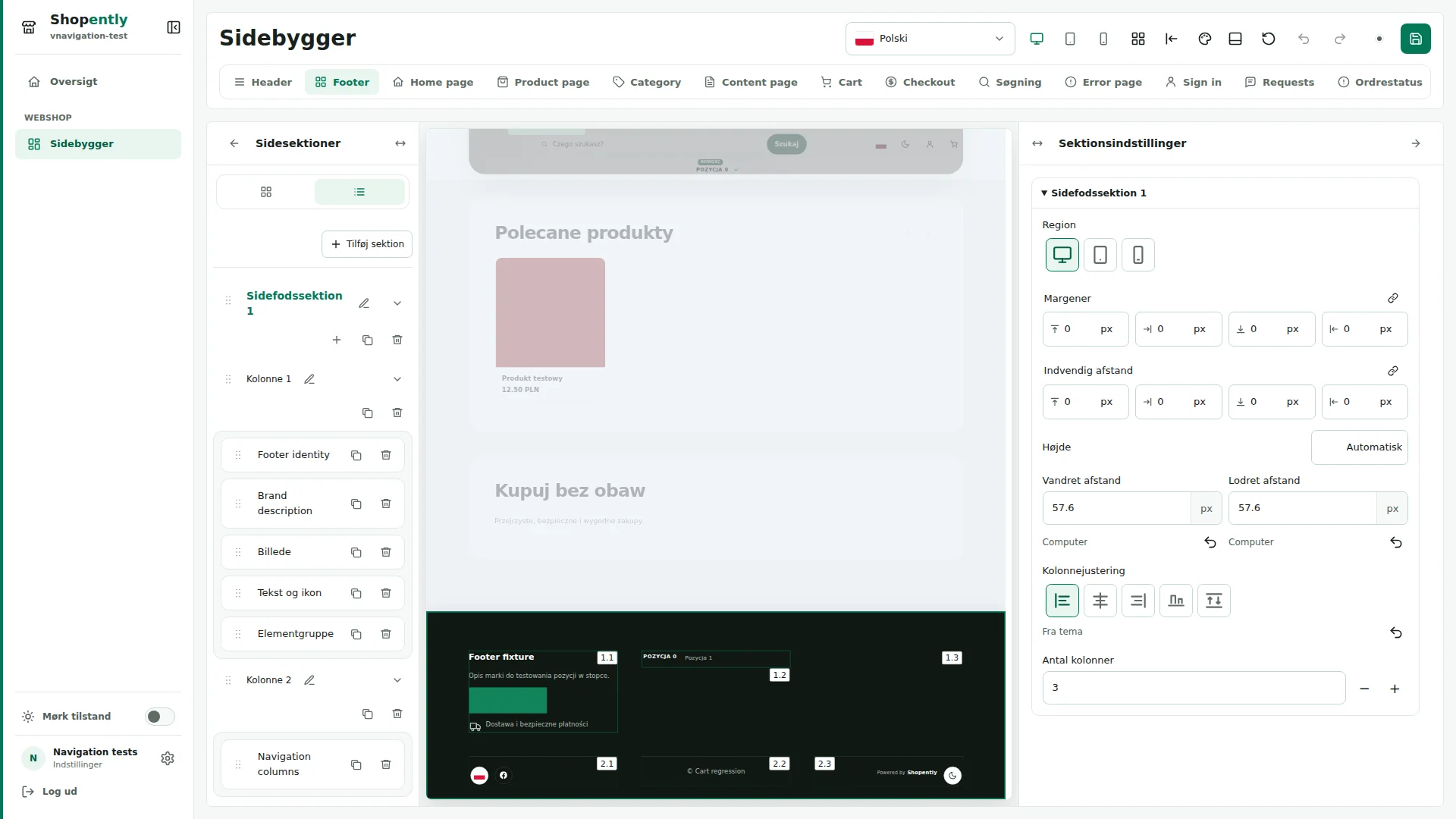 Footer — Sidefoden består af sektioner, kolonner og elementer. Sektionerne står under hinanden; kolonnerne indeholder elementer og kan ombrydes.