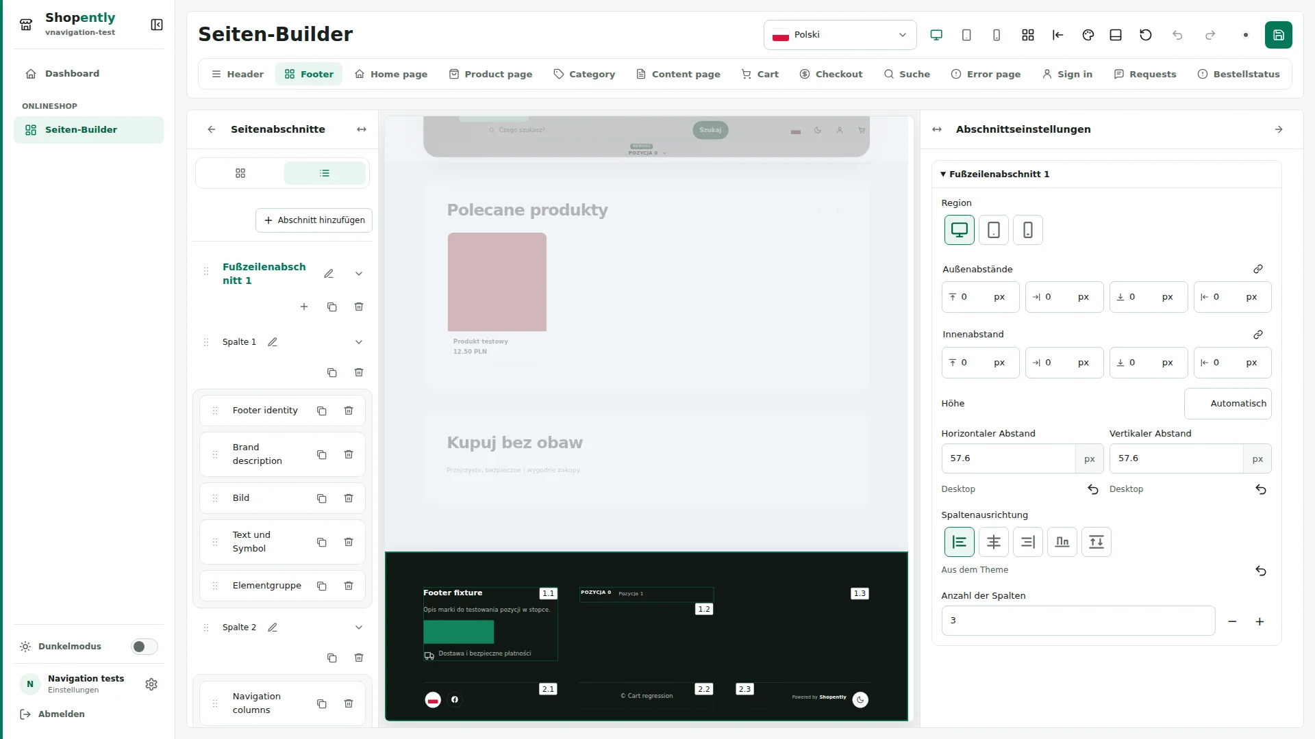 Footer — Die Fußzeile besteht aus Abschnitten, Spalten und Elementen. Abschnitte stehen untereinander; Spalten enthalten Inhalte und können umbrechen.