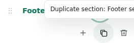 Duplicate section — Copy creates an adjacent section with repeatable elements and translations. Singleton controls, including Shopently Mark, stay in their existing position.