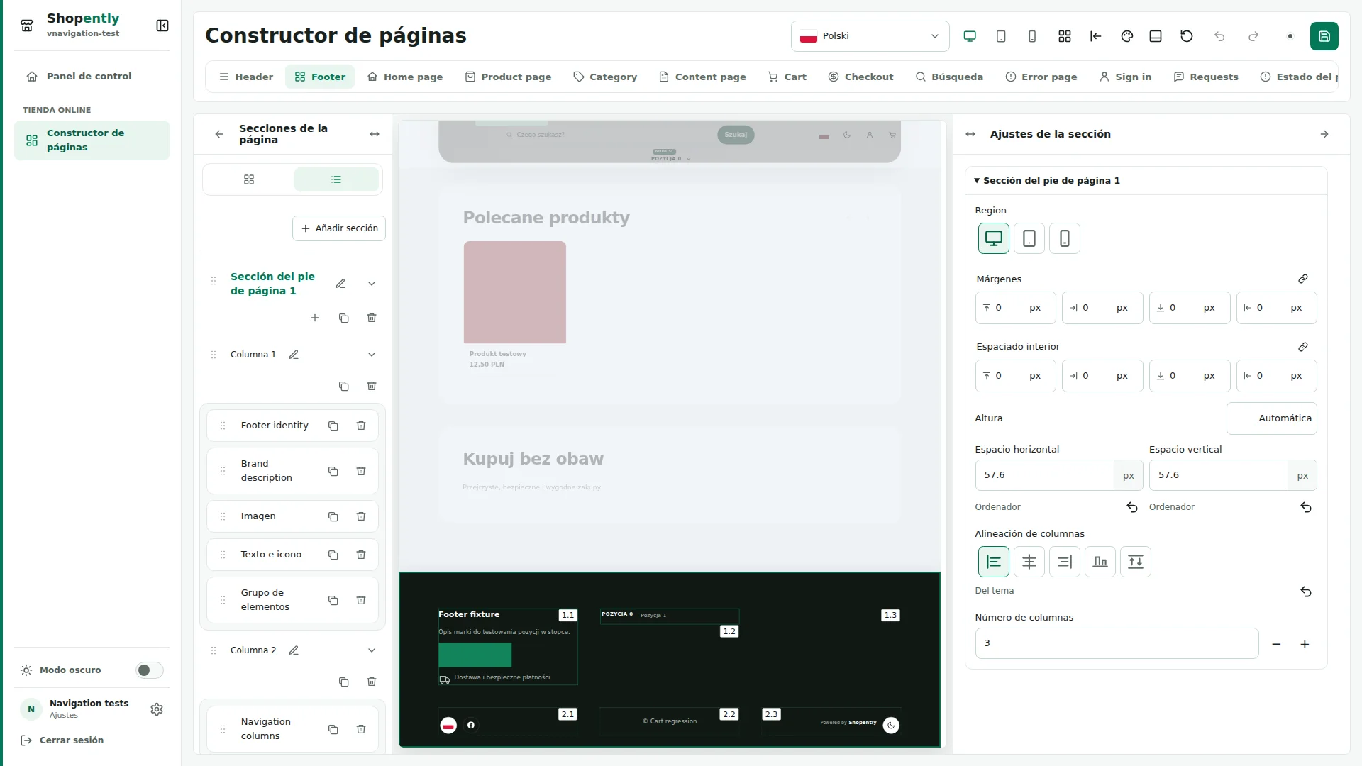 Footer — El pie de página contiene secciones, columnas y elementos. Las secciones se apilan; las columnas alojan el contenido y pueden pasar a otra línea.