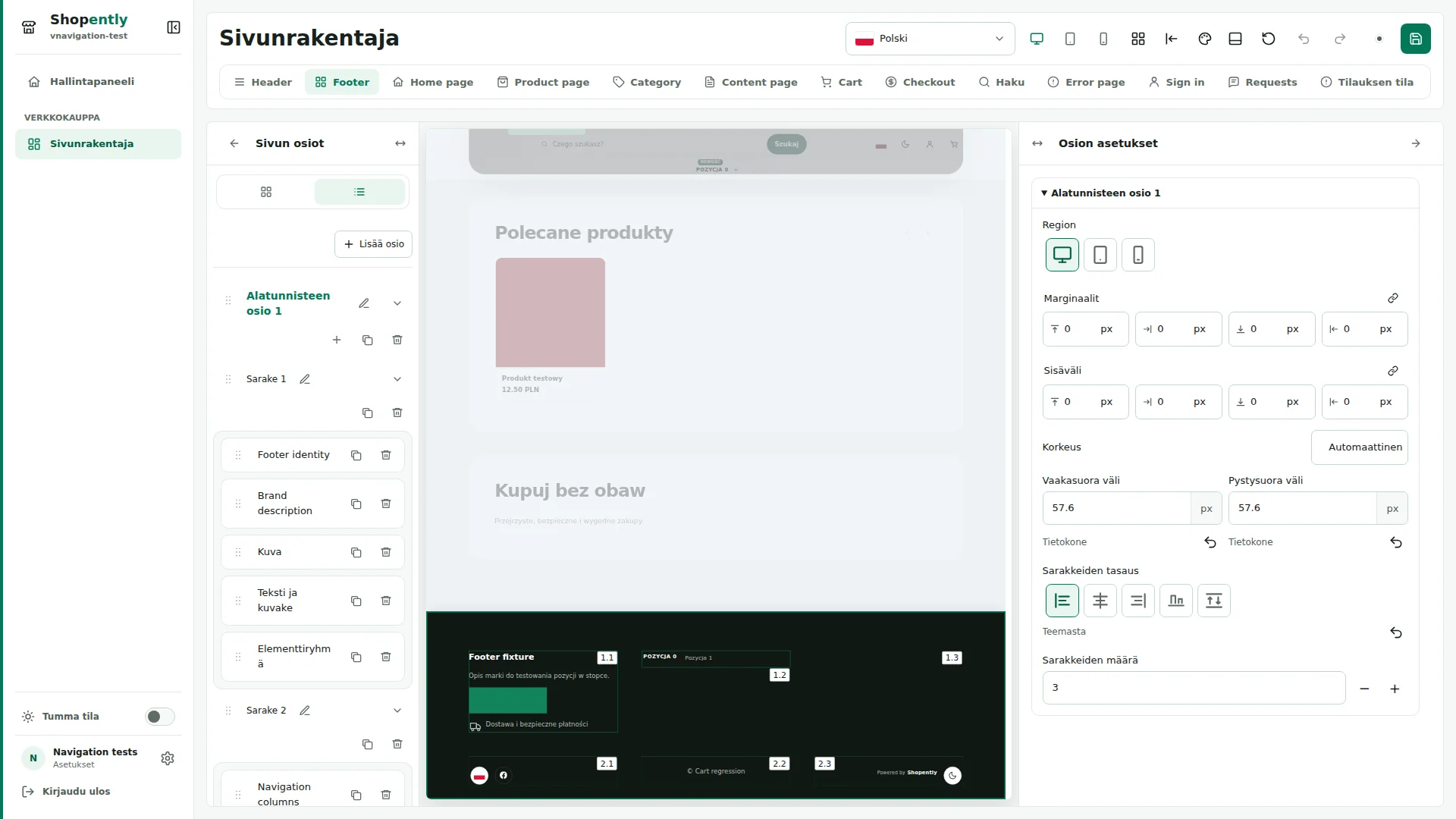 Footer — Alatunniste koostuu osioista, sarakkeista ja elementeistä. Osiot ovat allekkain; sarakkeet sisältävät elementtejä ja voivat rivittyä.