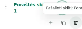 Pašalinti eilutę — Ištrynimą reikia patvirtinti. Patikrinkite siūlomą turinio vietą; paskutinis būtinas konteineris yra apsaugotas.