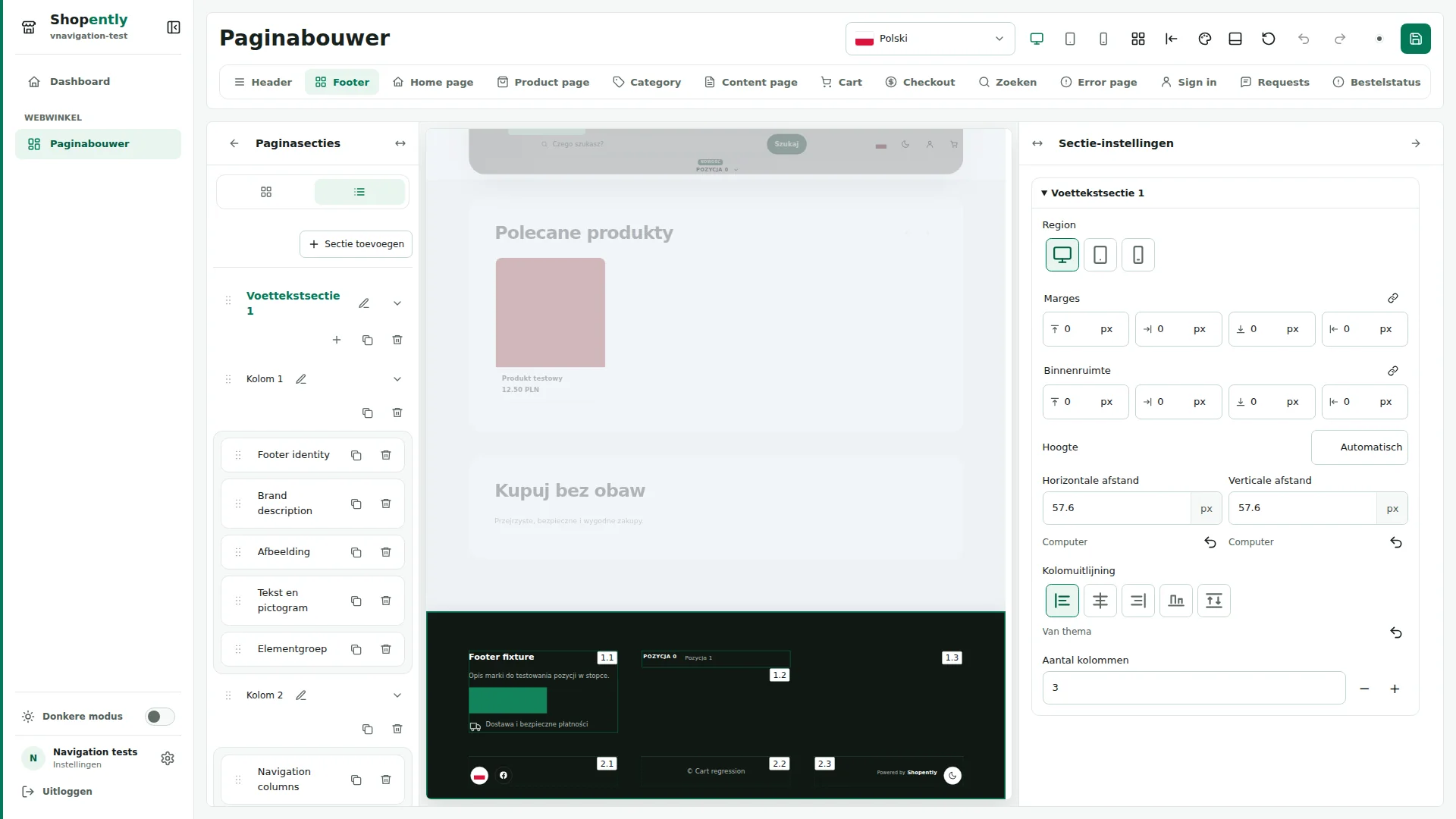 Footer — De voettekst bestaat uit secties, kolommen en elementen. Secties staan onder elkaar; kolommen bevatten inhoud en kunnen omlopen.