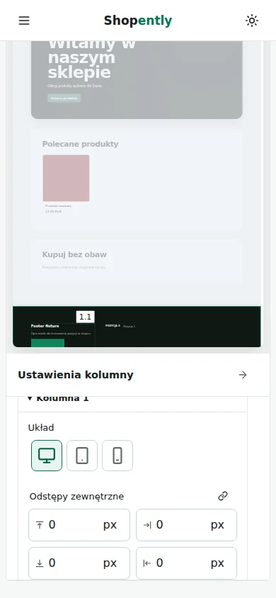 Telefon — Przed publikacją sprawdź podgląd komputera, tabletu i telefonu oraz jasny i ciemny motyw. Wczytanie pól i przełączanie urządzeń samo nie zapisuje nowych ustawień.