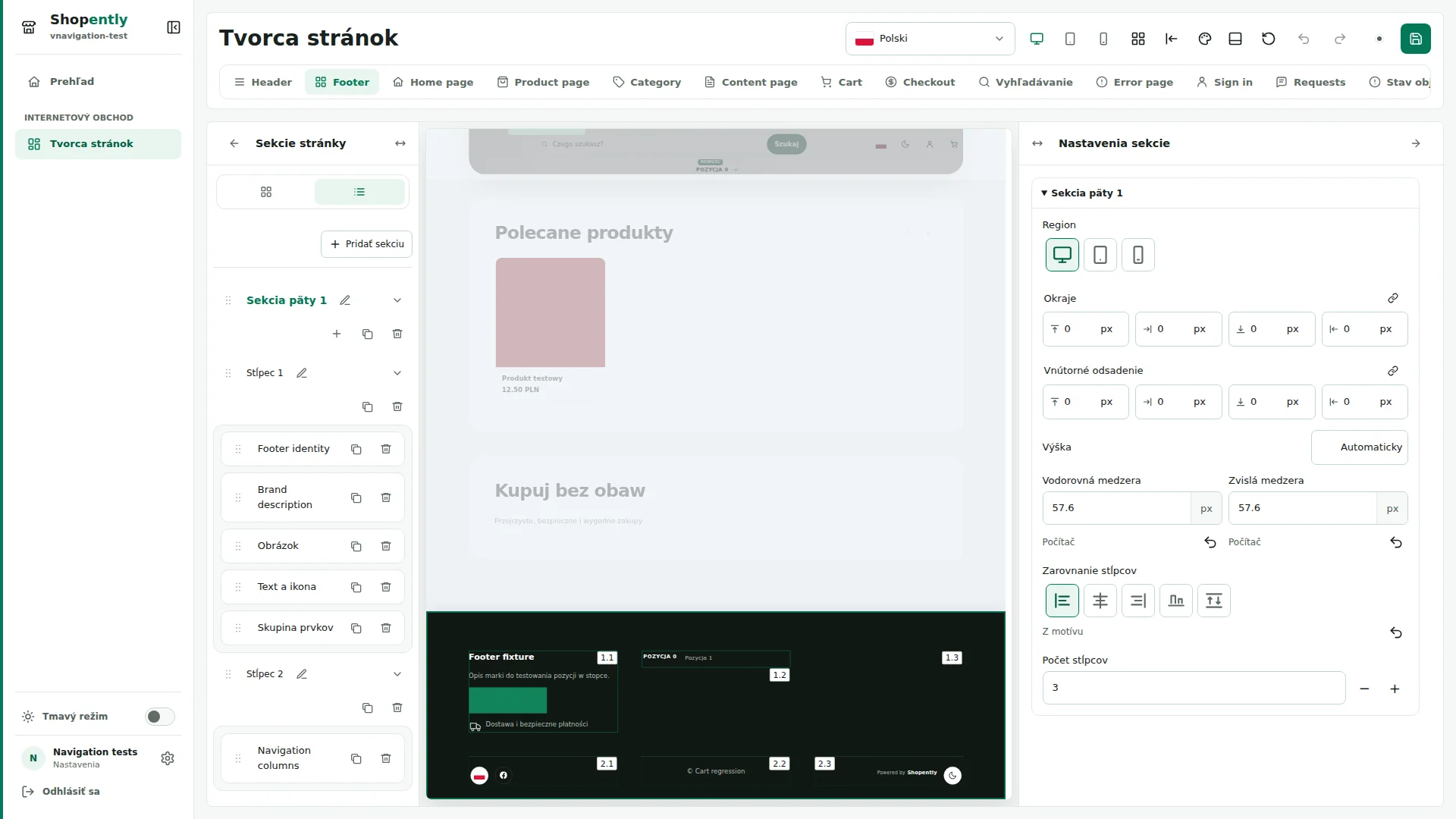 Footer — Pätu tvoria sekcie, stĺpce a prvky. Sekcie sú pod sebou; stĺpce obsahujú prvky a môžu sa zalamovať.
